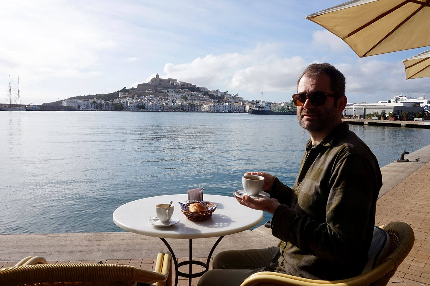 Having coffee in front of Ibiza Old Town